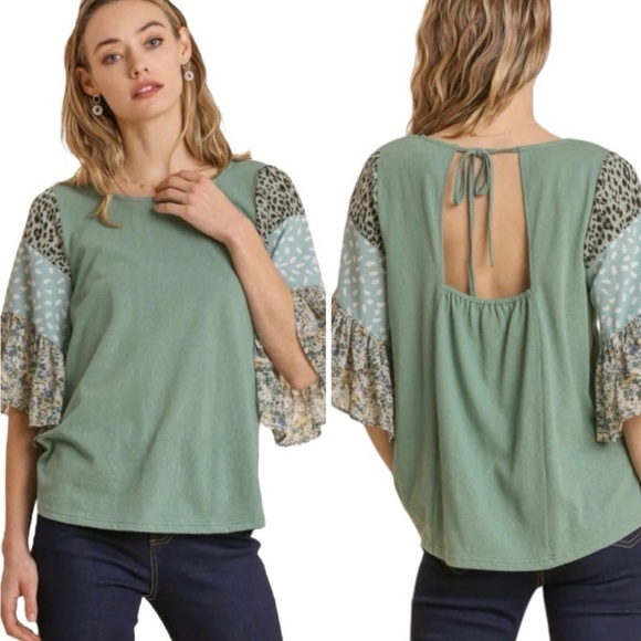 Umgee Tops - NWT UMGEE - MIXED PRINT RUFFLE SLEEVE TOP, DUSTY MINT